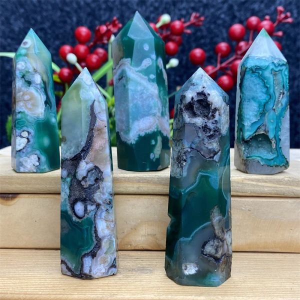 Décorations Natural Green Cherry Blossom Stone Agate Energy Crystal Tower Healing Aura Obelisk Garden Aquarium Home Decoration Holiday Gift