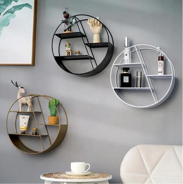 Décorations Style nordique étagère décorative en métal rond hexagone support de rangement étagères maison décoration murale en pot ornement support rack Y20