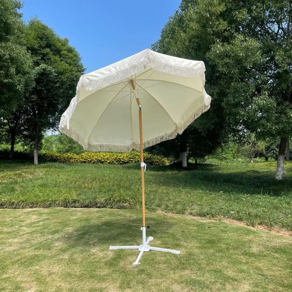 Décorations Outdoor Beach Fringe Umbrella avec base Vintage Bohemian Sun Protection Parasol Patio Jardin Pish Bouton Bouton Inclinaison Sunshades