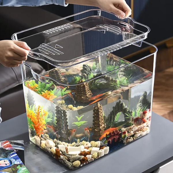 Decoraciones PET Tanque de peces a prueba de explosiones Mesa Móvil Pequeño Tanque de agua ecológico Caja de acuario Plásticos Vidrio orgánico ultrablanco 231016