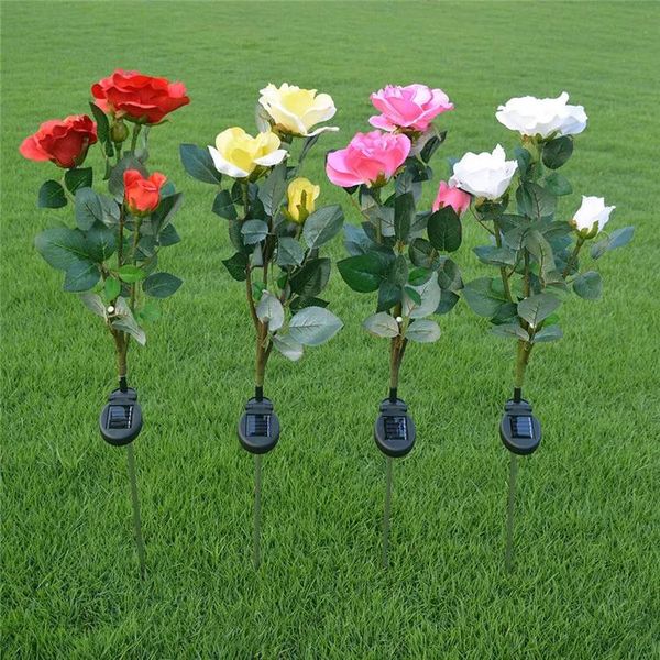 Décorations Rose Fleur Énergie Solaire Fleur LED Lumière Jardin Lampe Solaire Cour Décorative Pelouse Lampe Éclairage Extérieur Décoration De Jardin 3LED Flowe