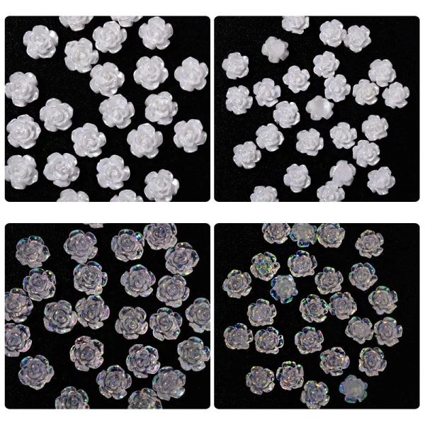 Décorations blanches Aurora Camellia Taille mixte art déco plate arrière résine Rose Fleur 3D Fingernail ACCESSOIRES DE DIY 30 / 100PCS