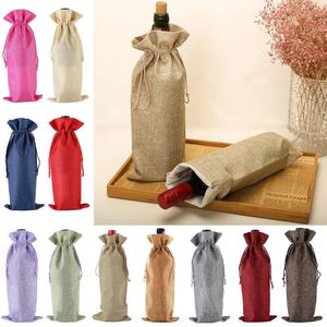 Decoraties Xmas Burlap Wine Bags Bottle Champagne Wijnen Flesjes Covers Gift Pouch verpakking Tas Wedding Party Kerstdecoratie 15x35cm