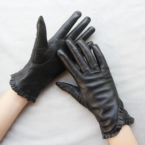 Bordure décorative femmes gants automne hiver en cuir véritable noir Falbala dames doublure en velours conception courte vrai mouton1