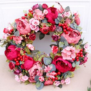 Porte décorative fleur de soie pivoine tête couronne de fleurs 40 cm guirlande à la main pour automne hiver affichage extérieur rouge