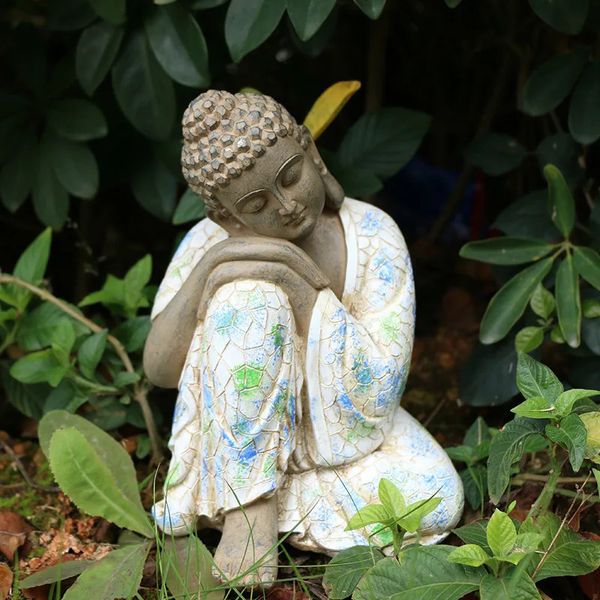 Figura decorativa Shakyamuni Estatua de Buda sonriente de resina Decoración para el hogar al aire libre para jardín Patio Escritorio Porche Patio Decoración artística 240314