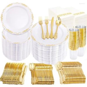 Decoratieve Beeldjes 100 stks Gouden Rand Diner Borden Dessert Kopjes Servetten Gast Servies 400 Plastic Zilverwerk