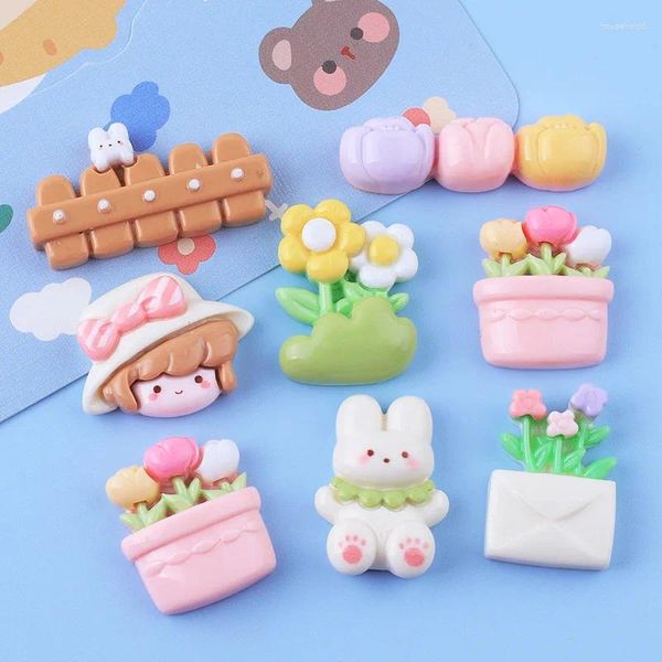 Figurines décoratives Kawaii en résine à dos plat, 100 pièces, clôture de lapin, fleurs en pot, décoration de jardin, artisanat, accessoires de bricolage pour Scrapbooking