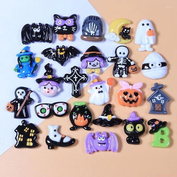 Figurines décoratives 10 pièces, Mini Collection d'halloween en résine mignonne, pièces de manucure à dos plat, embellissements pour accessoires de nœuds de cheveux