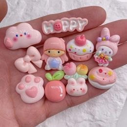 Figurines décoratives 10 pièces Kawaii lapin rose gâteau fille résine charme cabochons à dos plat embellissements de scrapbooking accessoires de coques de téléphone