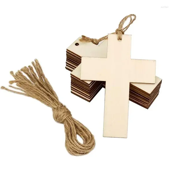 Figuras decorativas 10 unids/set cruz perforada de madera con colgante de cuerda de lino bodas en blanco fiesta de cumpleaños Pascua colgante para el hogar