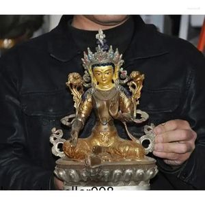 Figuritas decorativas 11,6 ''bronce antiguo tibetano gema dorada estatua de Buda de la diosa Tara kwan-yin verde