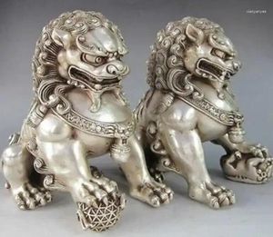 Decoratieve beeldjes 12 12 cm Chinese zilveren voogd Lion Foo Fu Dog Statue