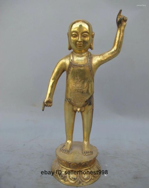 Figuritas decorativas 12 budismo tibetano dedo cielo y tierra joven Sakyamuni estatua dorada de bronce