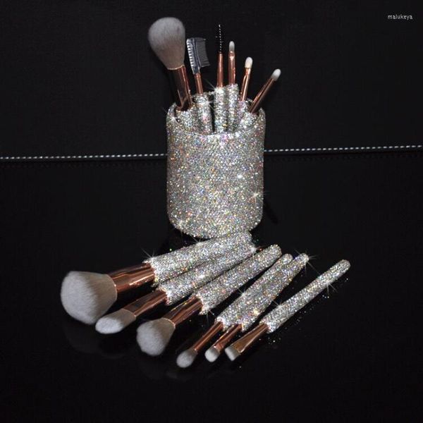 Figurines décoratives 12 pièces ensemble pinceaux de maquillage mousseux plein strass pinceau à sourcils fond de teint cosmétique maquillage Kit professionnel