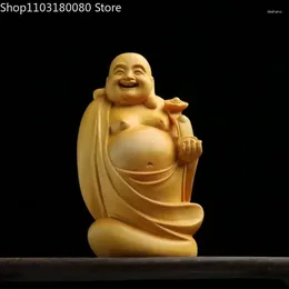 Figuras decorativas de 13 cm Tallado de boxwood Feliz Smile Maitreya Buda Estatua Regalo de suerte chino