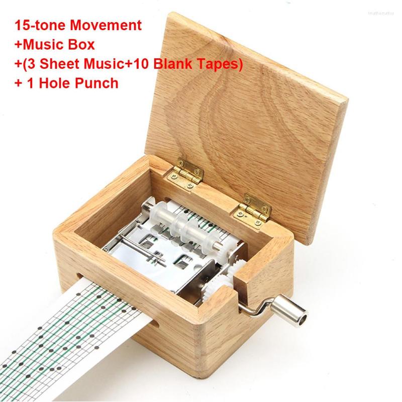 Dekorativa figurer 15/30 Tone Hand-cranked Music Box med pappersbandpuncher Träkomponerande rörelse Creative DIY
