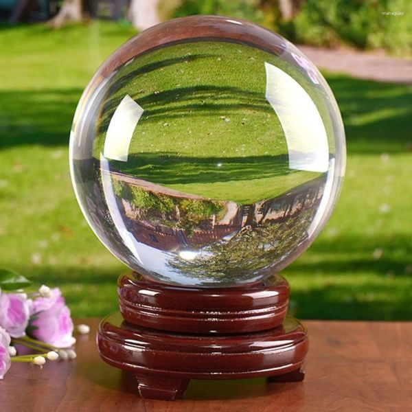 Figuras decorativas Bola de cristal transparente de 150 mm (6 pulgadas) Lente de esfera curativa mágica de vidrio artificial con soporte de madera