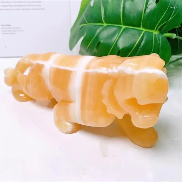 Figurines décoratives 18 cm naturel jaune calcite tigre cristal artisanat sculpture puissant animal guérison décoration de la maison collection cadeau 1 pièces