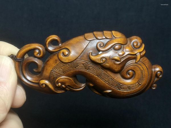 Figuras decorativas 1919 Arte antiguo 3.5 en boj japonés chino antiguo tallado a mano Animal Dragón y Fénix Estatua Pieza Netsuke Regalo