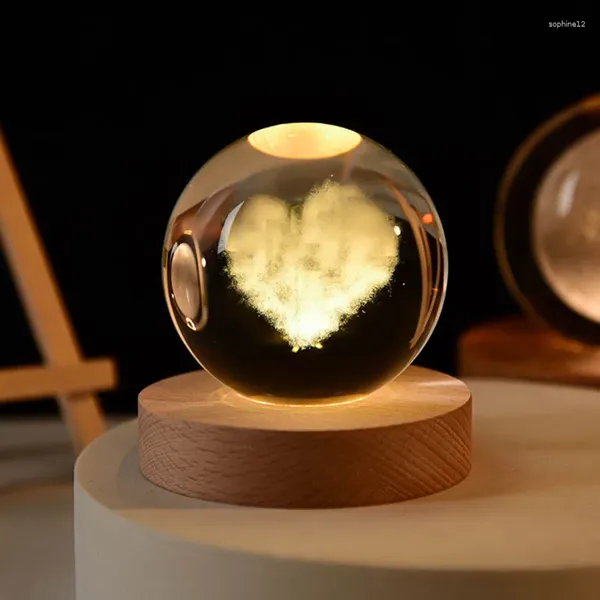Figurines décoratives 1pc 3D Crystal Ball Night Light LED avec base 6cm Alimentation USB chaude comme modèle cadeau d'anniversaire Home Desktop Decorati