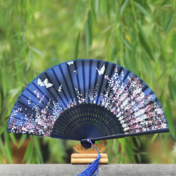 Figuras decorativas 1pc de seda plegable ventilador japonés estilo clásico de bambú para mujeres patrón de flores