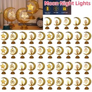 Figurines décoratives 2-1pcs Metal LED Eid Mubarak Star Moon Light Bedroom Ramadan Decor Night pour Al-Fitr et Lslamic Muslim Feast