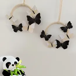 Figuras decorativas 2 en 1 anillo de puerta tejida de algodón nórdico con mariposa decoración de pared 3D colgando colgador de hogar creativo estilo