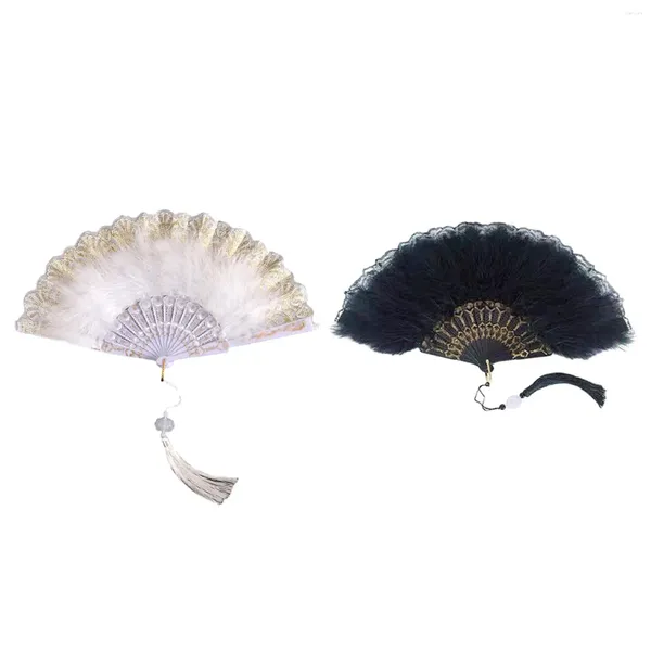 Figuras decorativas 2 piezas Fan de plumas Dancing Po Props Decoración Hommalora Hommed Homan Mujer Regalo plegable Bordado