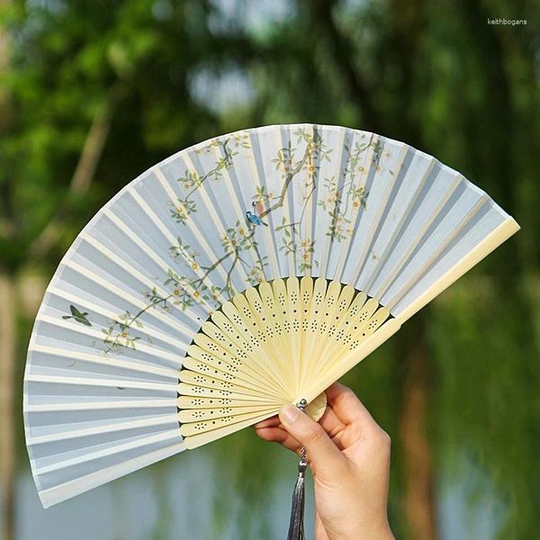 Figuras decorativas 2024 bambú antiguo plegable plegable estilo chino estampado de verano baile femenino portátil elegante mano de flor sostenida