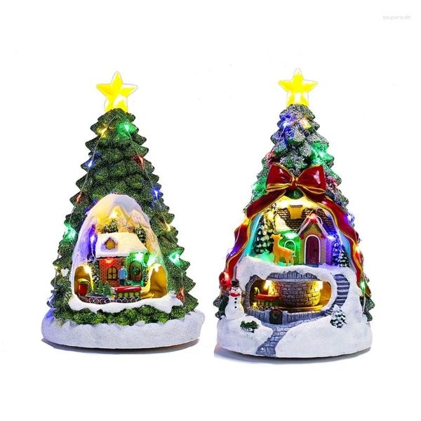 Figuras decorativas 2024 Decoración de árboles de Navidad Luces LED únicas Caja de música Luminous Village House Ornament para casa y oficina
