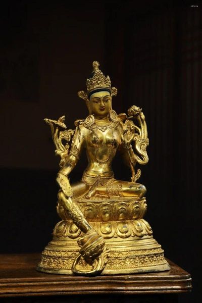 Figurines décoratives 21 cm chinois en laiton kwan-yin guanyin statue vieille bouddha en bronze gild