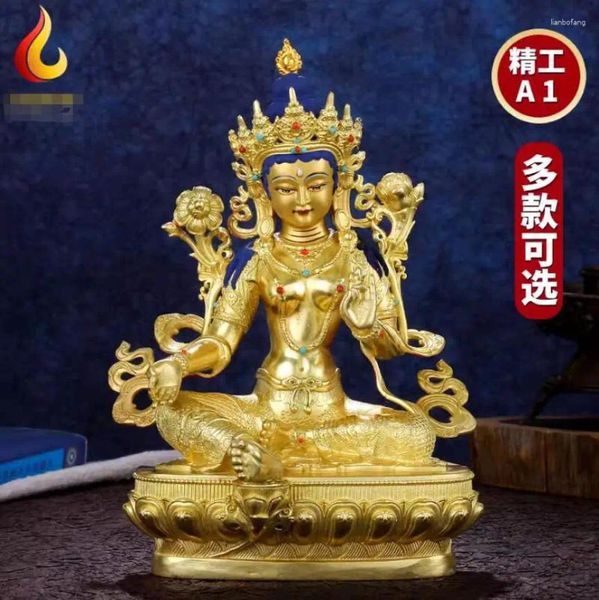 Figurines décoratives 21cm en laiton entièrement doré Gold Tibétain Bouddhisme Bouddhisme plate-forme Bouddha Hall Statue Green Tara Ornement