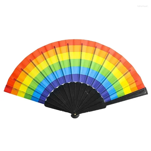 Figuras decorativas 23 CM Impresión Contraste Arco iris Plástico Mano Plegable Escenario Tela Abanico Actuaciones de danza Cosplay Fiesta Mostrar accesorios Cool