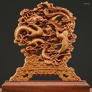 Figurines décoratives 23cm thuja bois creux richesse sculpture dragon phoenix sculpture décor