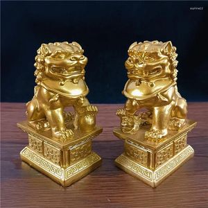 Decoratieve beeldjes 2 stks goud Chinese leeuwen beelden feng shui man-gemaakte jade steen boeddha draak sculptuur standbeeld home decoratie