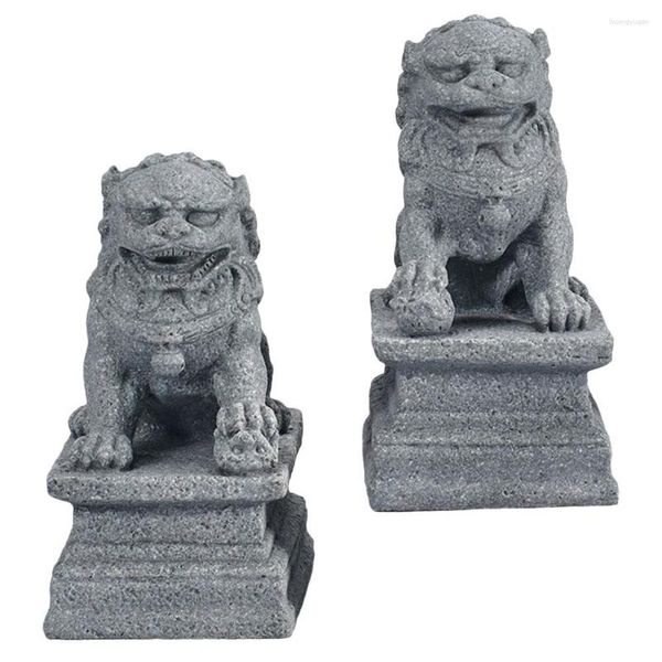 Figuras decorativas 2 piezas Estatuas de león Estatuas de feng shui foo tutoran perros mini decoración de piedra estilo chino adorno de escritorio
