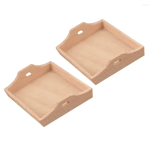 Figuras decorativas 2 piezas Muebles en miniatura Casa de juegos Bandeja de té de madera Taza Bandejas para servir frutas Modelos Accesorios de cocina para niños pequeños