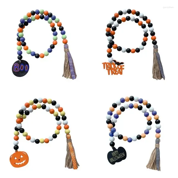 Figuras decorativas 2 piezas/set Halloween Wooden Bead Garland con borlas de la casa