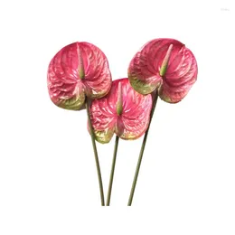 Decoratieve beeldjes 3 stuks 27 inch kunstmatige anthurium bloemen voor home decor bruiloft decoratie (roze)
