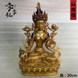 Figurines décoratives 30cm Bouddhisme ésotérique népalais tibétain Gouade de cuivre pur blanc Tara Bouddha Statue Guanyin Bodhisattva Bronze