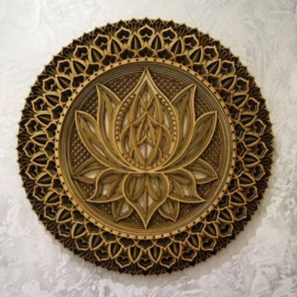 Figuras decorativas 30 cm de madera 3D tallas tridimensionales Mandala decoración de la habitación adornos flor de loto arte colgante de pared color del hogar