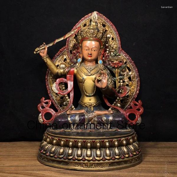 Figurines décoratives 32 cm Peinture tibétaine en cuivre pur antique chinois avec plusieurs pierres précieuses et statue de Bouddha Manjushri rétro-éclairée