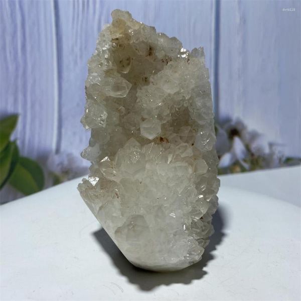 Estatuetas decorativas 345g Natural Crisântemo Cristal Cluster Branco Transparente Pedras Preciosas de Quartzo Cura Amostras Minerais Decoração de Casa