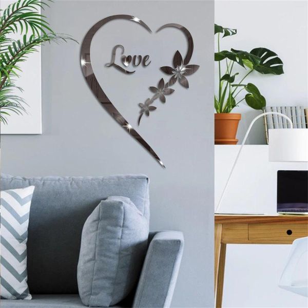 Figuras decorativas 3D acrílico flor en forma de corazón espejo pegatinas de pared DIY autoadhesivo arte calcomanías para sala de estar hogar creativo