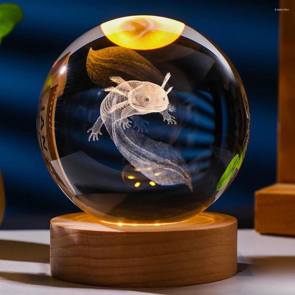 Figuritas decorativas, lámpara de bola de cristal 3D Axolotl con Base de madera, luz colorida, regalo de cumpleaños creativo para amigos