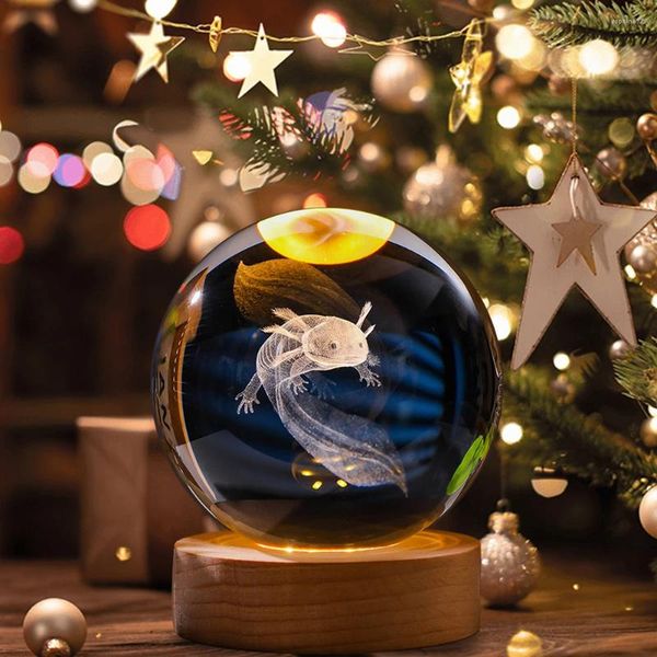 Figuras decorativas Lámpara de bola de cristal 3D Axolotl con base de madera Colorido regalo de cumpleaños para amigos