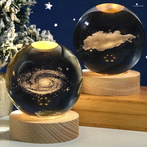 Figuras decorativas Bola de cristal 3D Luz nocturna Sistema solar Tema cósmico Decoración LED Base de madera Astronomía Luces nocturnas Regalo de cumpleaños