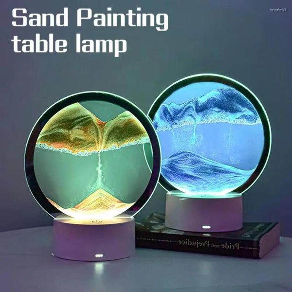 Figurines décoratives Sablier 3D Lampe de table créative à sable mouvant Image d'art de sable en mouvement Paysage de sable de la mer profonde en mouvement Affichage coulant à la maison