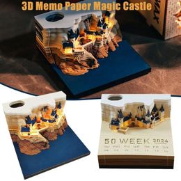 Figuritas decorativas 3D Bloc de notas 2024 Calendario de escritorio Castillo Mágico Bloc de notas semanal con accesorios de papelería ligeros portalápices